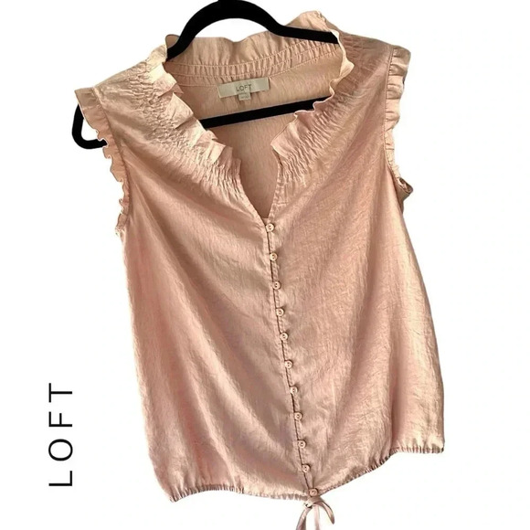 LOFT NWOT RUFFLE CAP SLEEVE BUTTON FRONT DRAWSTRING WAIST TOP PEACH | SIZE: XS - Picture 1 of 7